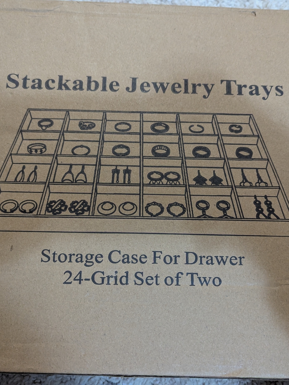 Stackable 24-Grid Jewelry Tray Set - Brown Drawer Storage Case (Set of 2)
